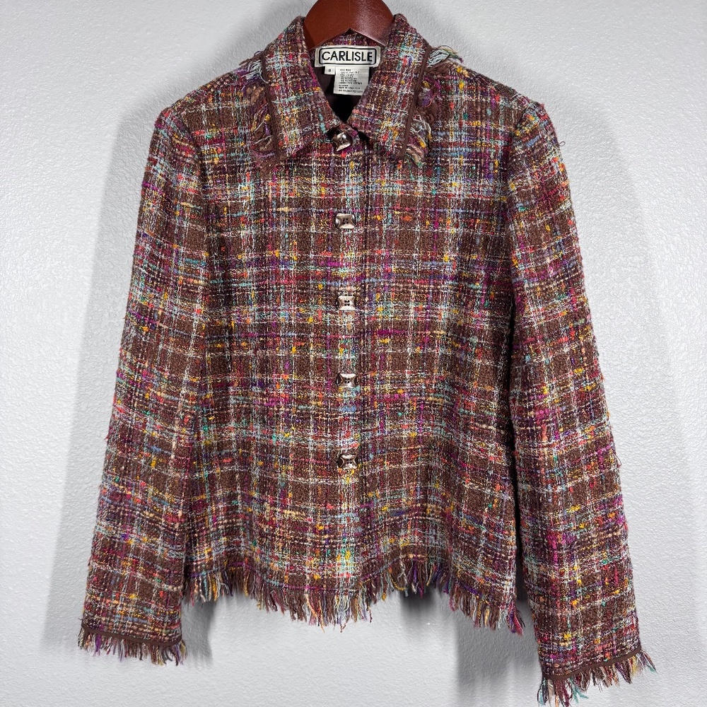 VTG Carlisle‎ Multicolor Tweed Blazer | Frayed Fringe Trim, Wool Blend - Size 8